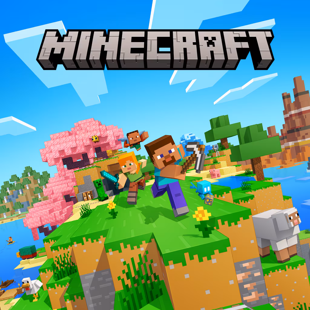 Minecraft characters Steve and Alex on a grassy island with a cherry blossom tree, sheep, and bee, featuring the Minecraft logo